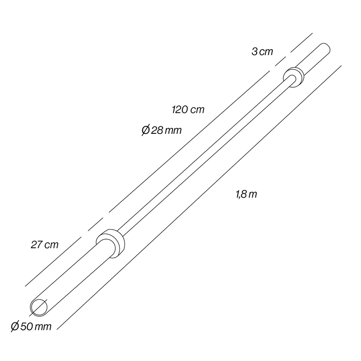 Barra Olímpica Profesional 1.8m x 50mm - 4 Rodamientos (340 kg)