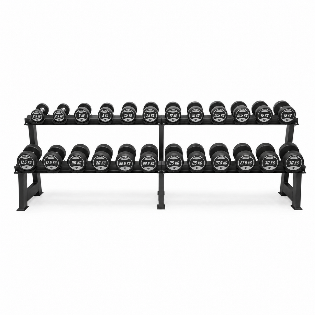Set Mancuernas Redondas + Mancuernero 2 Alturas (2,5 - 30 kg)