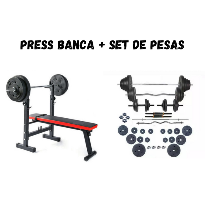Set Press banca + set pesas y mancuernas