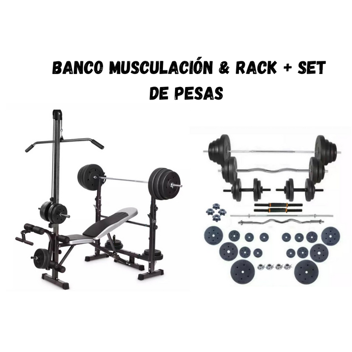 Set Banco musculación + rack + set pesas