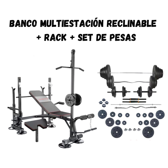 Set Banco Multiestacion Reclinable + Set de pesas