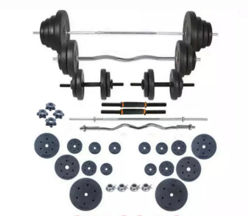 Set Banco musculación + rack espalda + set de pesas